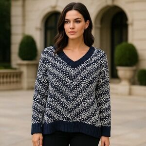 Allison Brittney‎ Navy & White Chenille V Neck Sweater Size XL